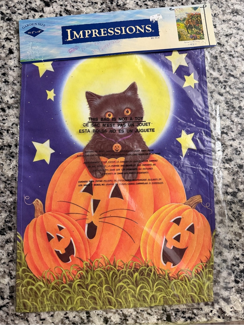 Impressions Halloween Garden Flag - Purple & Orange Cat with Pumpkins